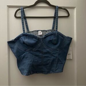 Blue sleeveless crop top with sweetheart neckline and bustier style